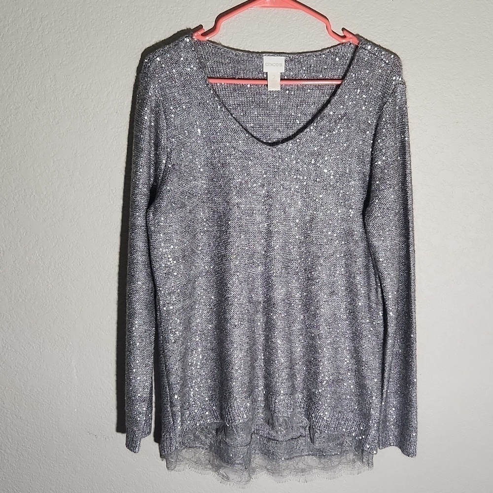 Chicos Sweater Womens Size 2 Sequins gray Lace Wool Mohair Whimsy